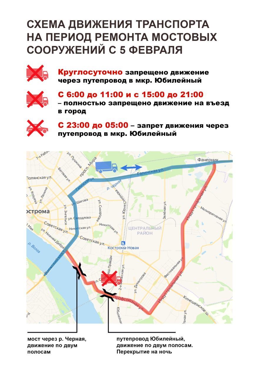 В Костроме определён порядок движения большегрузного транспорта на время ремонта мостовых сооружений